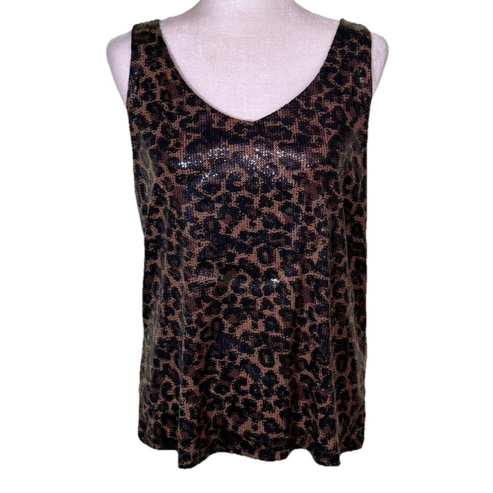 Women’s Leopard Print Sequin Tank Top Night Out Glam Club Disco Party Size Small